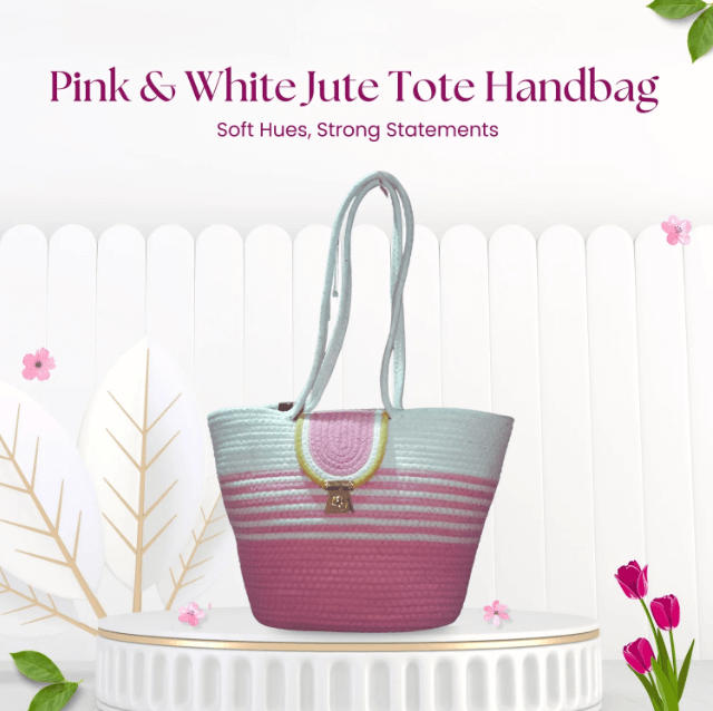 Pink & White Jute Tote Handbag
