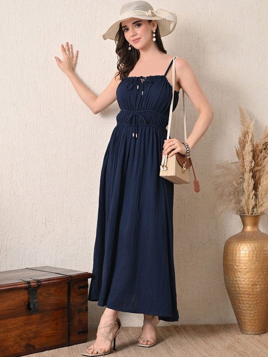 Navy Blue Solid Fit & Flare Maxi Dress – Wings2Fashion