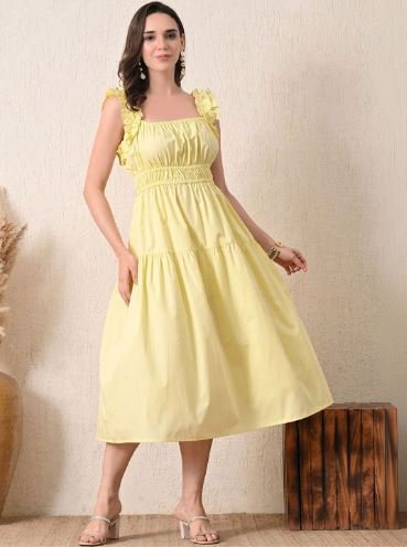 Yellow Solid Fit & Flare Ruffled Midi Dress – Wings2Fashion