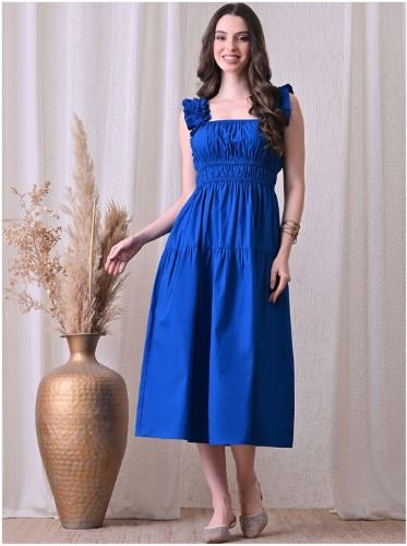 Blue Solid Fit & Flare Midi Dress – Wings2Fashion